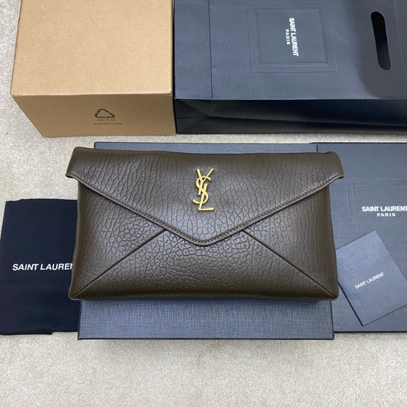 Saint Laurent Cassandre Large Envelope Pouch in Lambskin-Must green